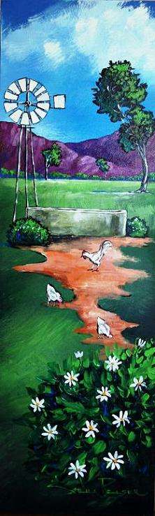 Original painting by Stella Pelser - "Boland - Windpomp met hoendertjies 01 " - 475 x 150
