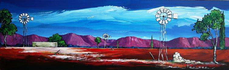 Original painting by Stella Pelser - "Boland -  Drie Windpompe" - 475 x 150