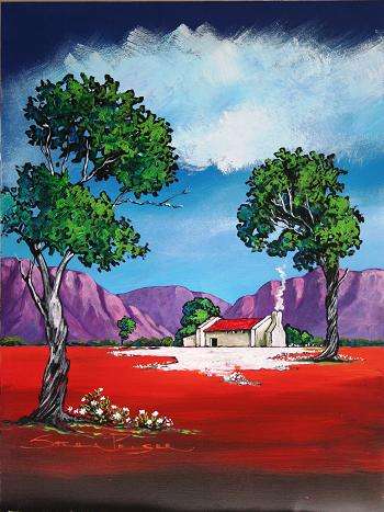 Original painting by Stella Pelser - "Boland - Rooidak Plaashuis met Bloekom-bome" - 400  x 300