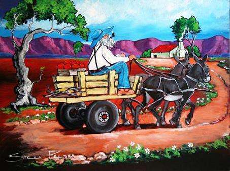 Original painting by Stella Pelser - "Boland - Ou man op Donkie Karretjie" - 400  x 300