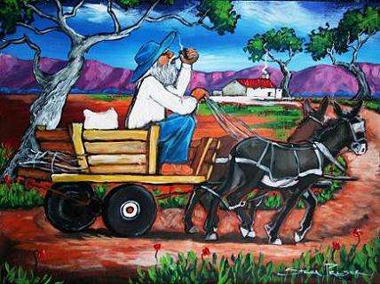CRAZY R1!!! Original Stella Pelser - "Boland - Ou man op Donkie karretjie - Huis toe!" - 400  x 300