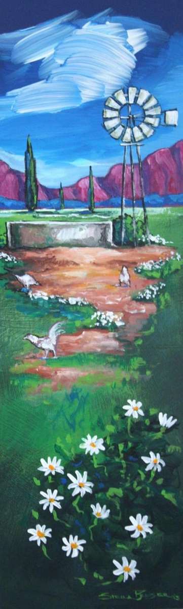 - INVESTMENT ART -Original Stella Pelser (1976-) Boland Windpomp met Hoendertjies - 02! 475 x 150