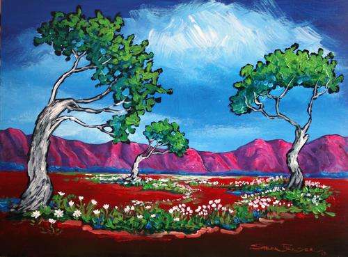 STELLA PELSER ORIGINAL - INVESTMENT ART-(1976) -Boland - "Drie Bome!" 400 x 300 x 6mm