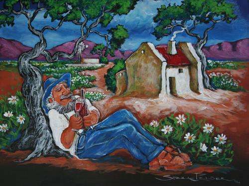Original Stella Pelser(1970) - "Bolandse Wyn - "'n Glasie Wyn onder die Boom!" 400 x 300 x 6mm