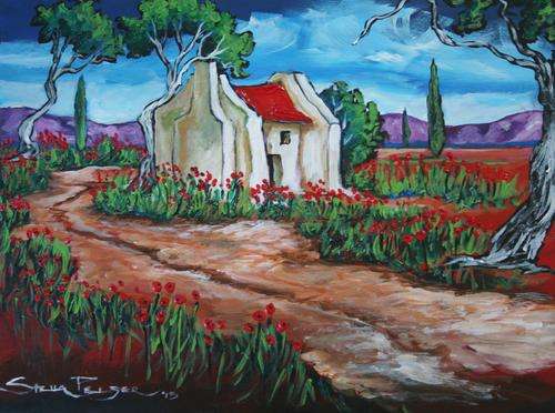 Original Stella Pelser(1970) - "Overberg - Rooidak Huisie!" 400 x 300 x 6mm