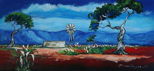 Original Stella Pelser(1970) - Bolandse Landskap - "Windpomp met Wit Varkore" 490 x 230 x 6mm