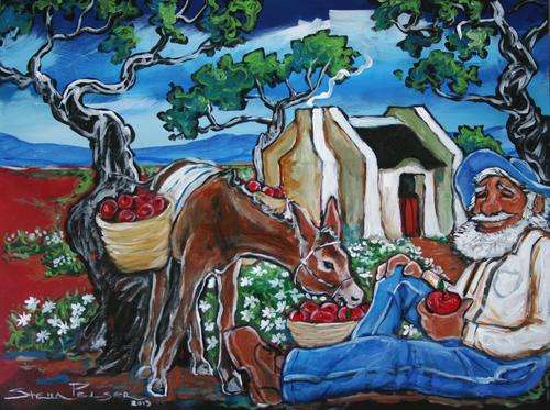 Original Stella Pelser(1970) - "Vrugte tyd in die Boland - Appels saam met Josef " 400 x 300 x 6mm