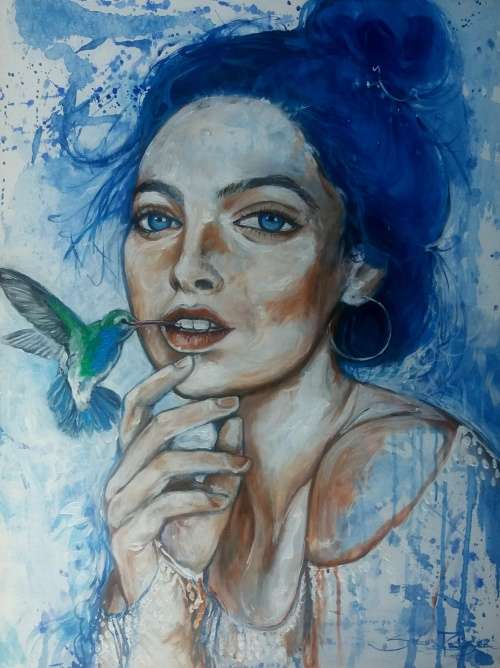 Title :Orginal Artwork by Stella Pelser `Humming bird kisses` Acrylic on Canvas - Size 70cm x 53cm