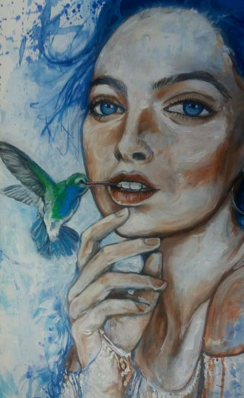 Title :Orginal Artwork by Stella Pelser `Humming bird kisses` Acrylic on Canvas - Size 70cm x 53cm