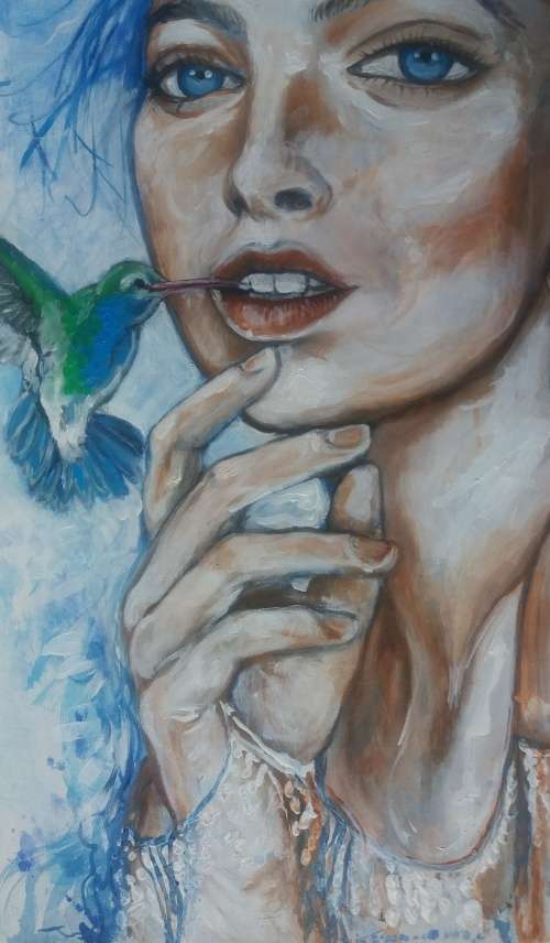 Title :Orginal Artwork by Stella Pelser `Humming bird kisses` Acrylic on Canvas - Size 70cm x 53cm