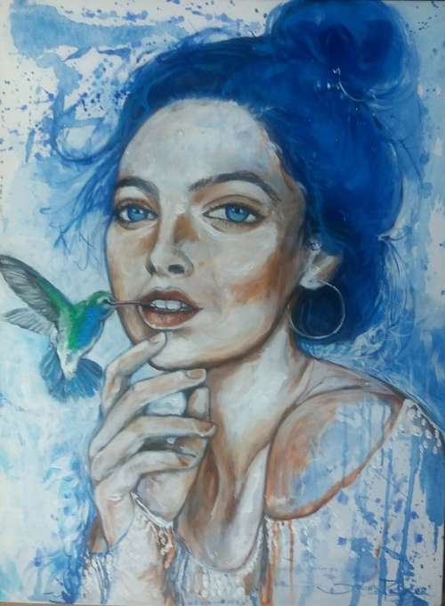 Title :Orginal Artwork by Stella Pelser `Humming bird kisses` Acrylic on Canvas - Size 70cm x 53cm