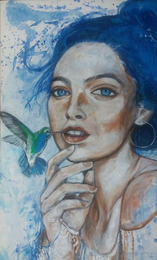 Title :Orginal Artwork by Stella Pelser `Humming bird kisses` Acrylic on Canvas - Size 70cm x 53cm