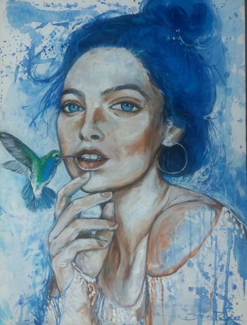 Title :Orginal Artwork by Stella Pelser `Humming bird kisses` Acrylic on Canvas - Size 70cm x 53cm