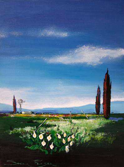 Origanal painting by Stella Pelser - "Boland - Windmill with Arum lilies " 400 x 300
