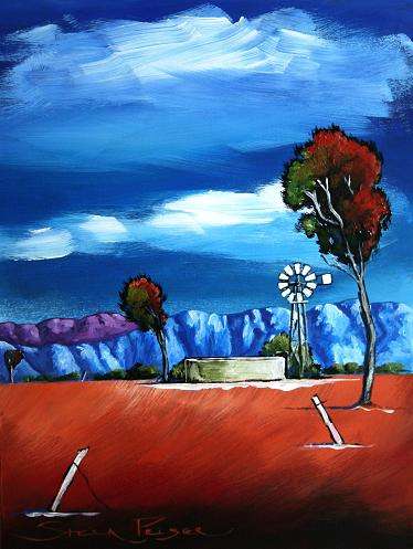 Original painting by Stella Pelser - "Overberg Landskap-Blou lug met Windpomp" 400 x 300