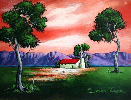 Original painting by Stella Pelser - "Overberg drome - Rooidak huisie tussen die bome" 400 x 300
