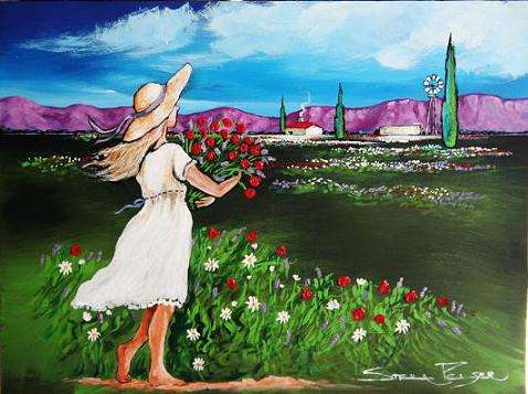 Original painting by Stella Pelser - "Bolandse meisie wat blomme pluk!" - 400 x300