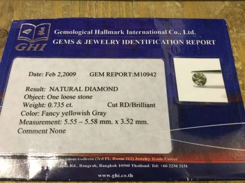 Certified Large .735 Carat Fancy Yellowish Gray Perfect for Engagement Sealed Diamond Valued R31500