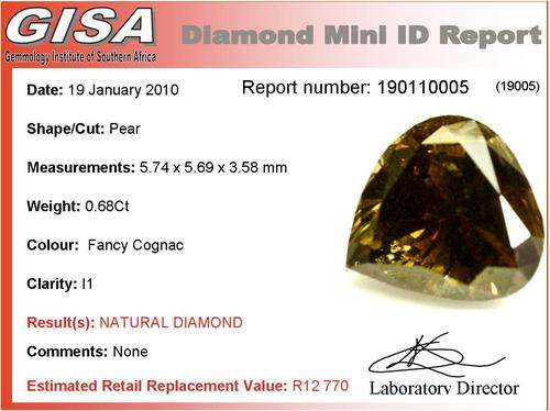 ***R12 700**CERTIFIED 0,68 FANCY COGNAC NATURAL DIAMOND