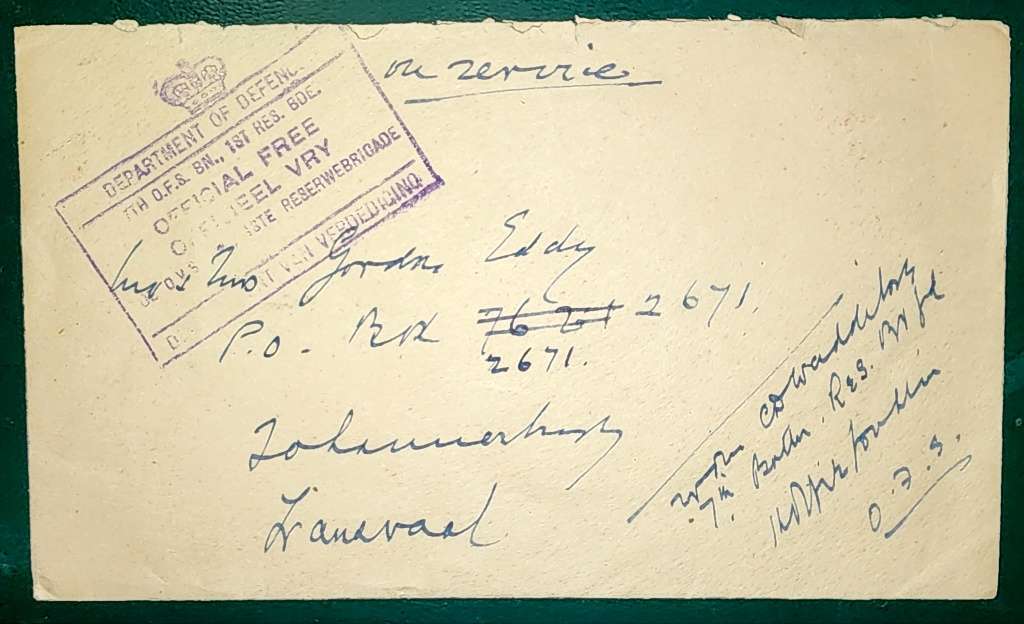 South Africa on active service cover addressed to Johannesburg