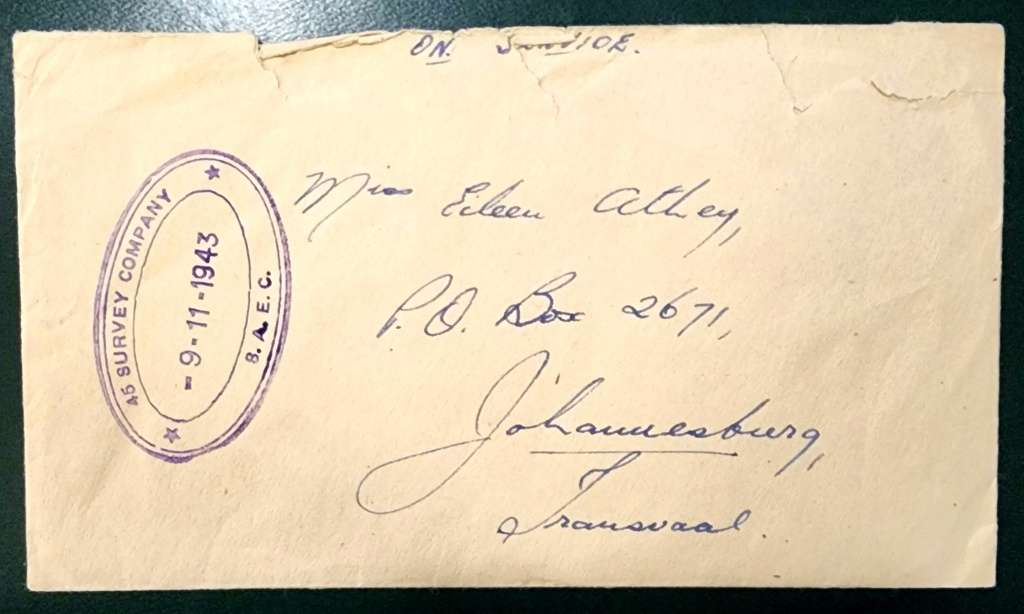 South Africa on active service cover addressed to Johannesburg 1943