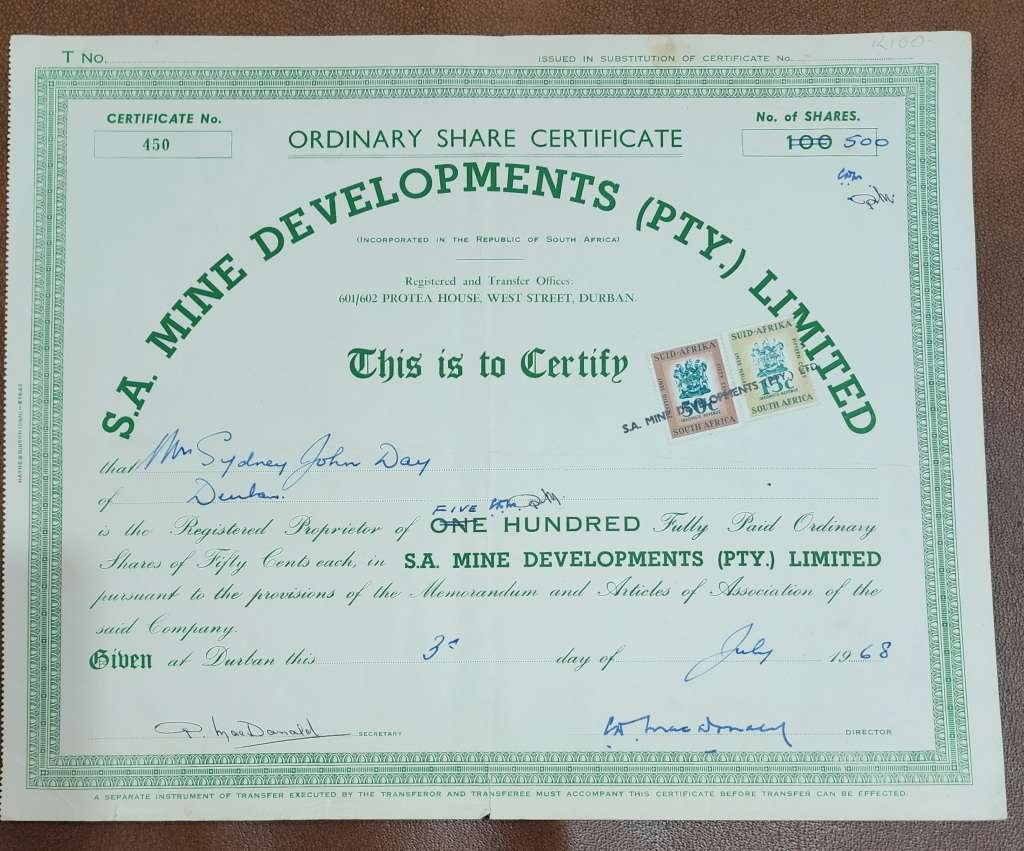 SA Mine developments Ltd Share certificate for 500 shares dated 1968