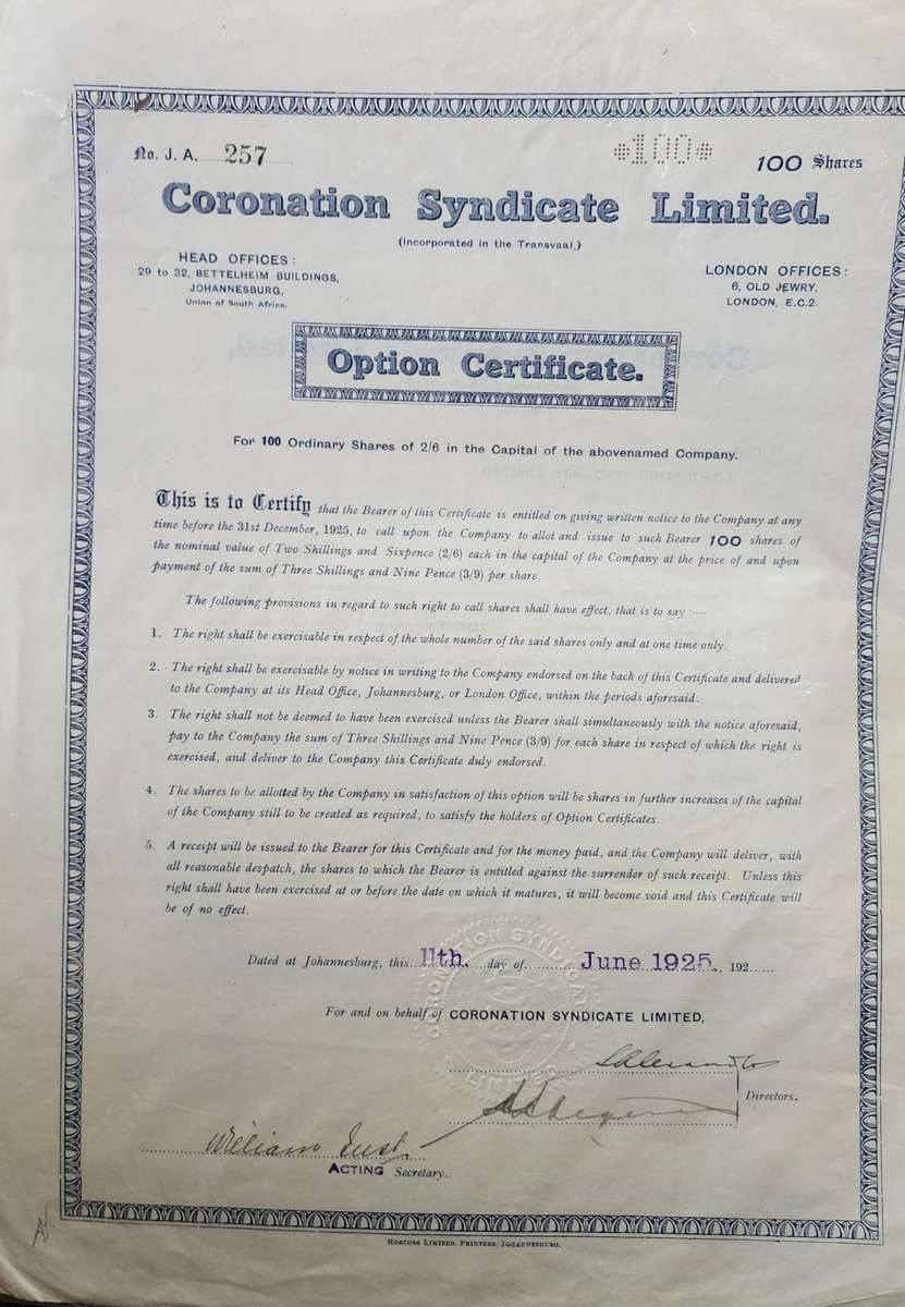 Coronation Syndicate Limited option certificate for 100 shares dated 1925