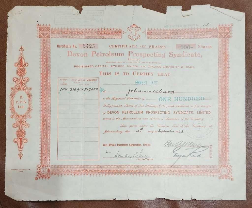 Devon Petroleum Prospecting Syndicate share certificate for 100 shares dated 1926