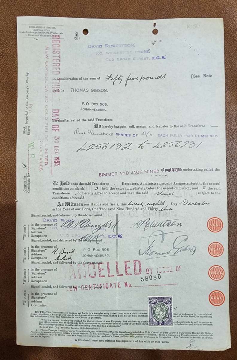 Edwards and Smith share certificate of 100 shares stamped canceled with new certificate number 1933