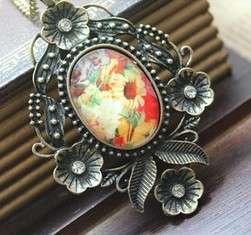 Colorful Flower Print Resin Pendant Necklace
