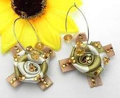 Cute Kawaii Handmade Ribbon Rose dangle hoop Earrings