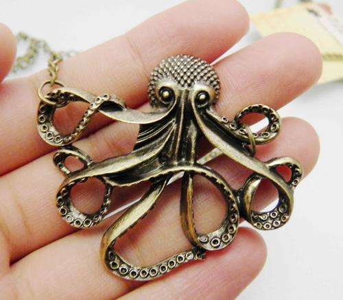 Vintage Bronze Octopus Pendant Long Chain Necklace