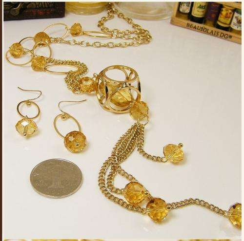 gold fashion crystal long necklace&earrings sets