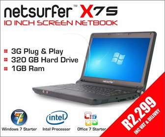 Netsurfer x7s - Win7 Starter, 320GB SATA HDD, 1GB Ram, Intel Atom N450; 1.67Ghz