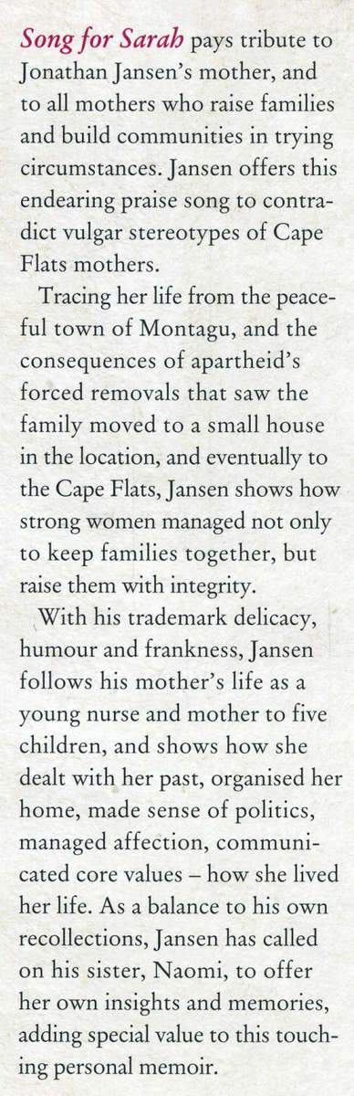 [B:2:S:CC]-Song for Sarah. Lessons from my mother. - Jonathan Jansen and Naomi Jansen