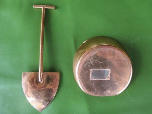 SWISS MINI BRASS COWBELL & COAL SHUFFLE AND HOLDER