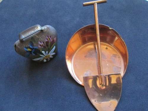 SWISS MINI BRASS COWBELL & COAL SHUFFLE AND HOLDER