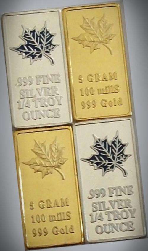 NEW!!! 4 BARS consisting of 2 x Silver 1/4 Oz Blue Maple and 2 x 5g 100 MillS 999 Gold Maple!!!