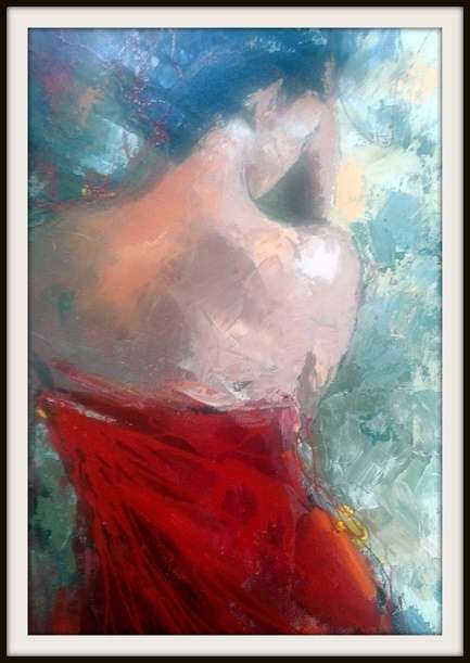 Lady in red. Original Lofty on canvas. (600 x 800) Large textured painting!