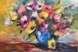 Happy flowers on canvas by Lofty .Large painting (800 x 1200) Unframed