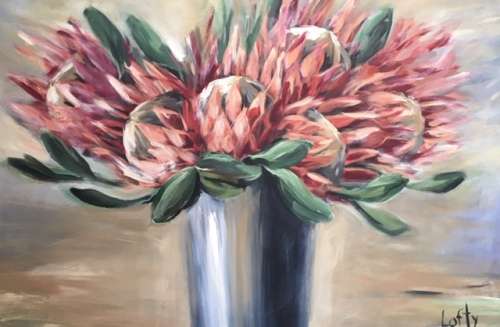 Proteas (800 x 1200) on canvas by Lofty . Unframed. Large painting !!