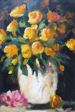 Yellow roses in vase. Oil glazed acrylic on board  (400 x 600) Unframed