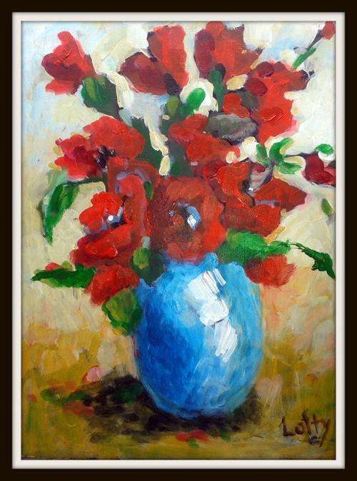 Red flowers . Original acrylic on board.