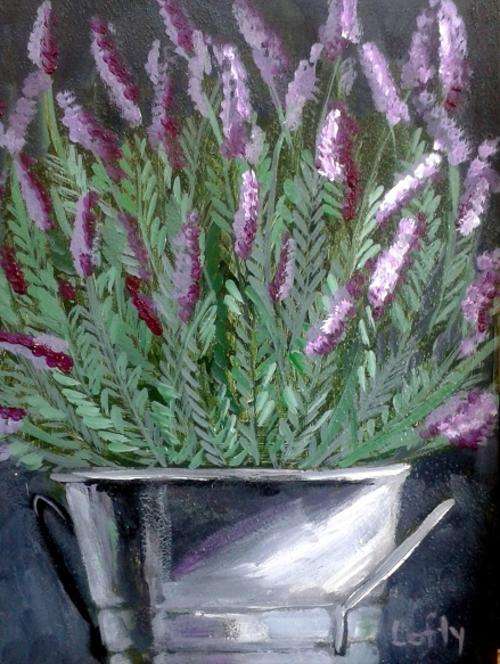 Lavenders in bucket. Original acrylic by Lofty.(300 x 400)