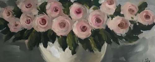Bowl of roses( 420 x 1000) Lofty. Acrylic on canvas.