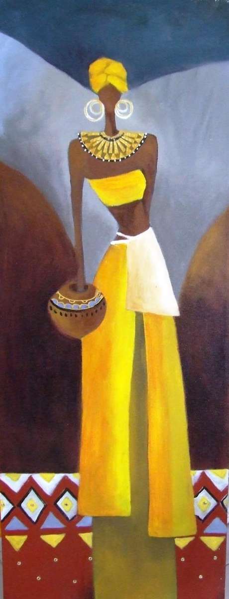African woman in yellow.(1150x400} Acrylic on canvas, Can be hung as is!