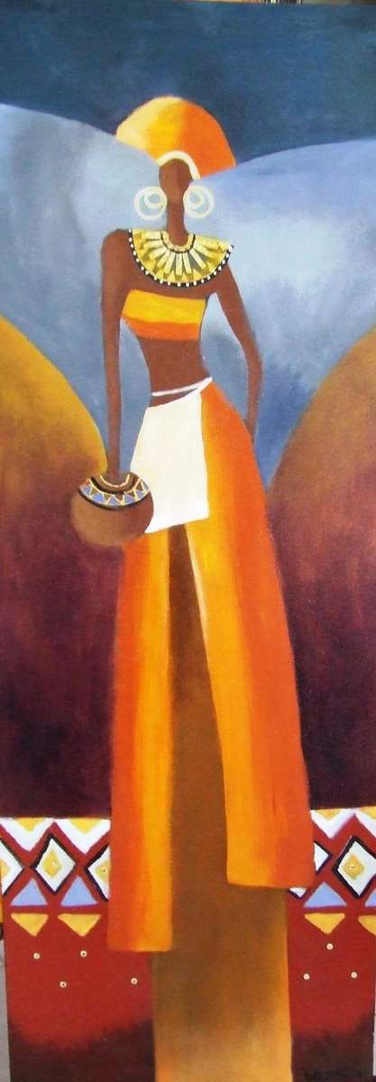 African woman in orange.(1150x400} Acrylic on canvas, Can be hung as is!