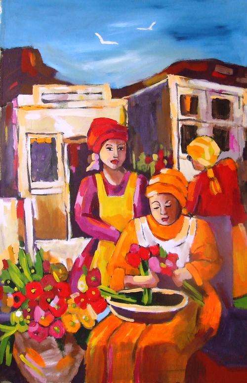 Original painting by Lofty Eaton.(740x1140)  Blommeverkopers  .Acrylic on canvas.Large painting.