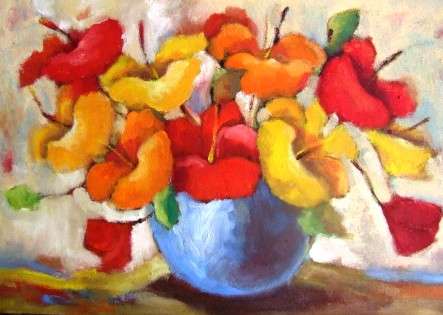 Lofty Eaton.(400 x 600) . Oil on board. Hibiscus in blue pot.