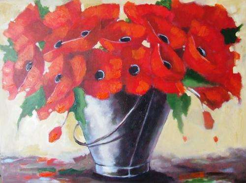 Lofty Eaton.(600x800)".Poppies in bucket" Acrylic on canvas. This painting can be hung as is